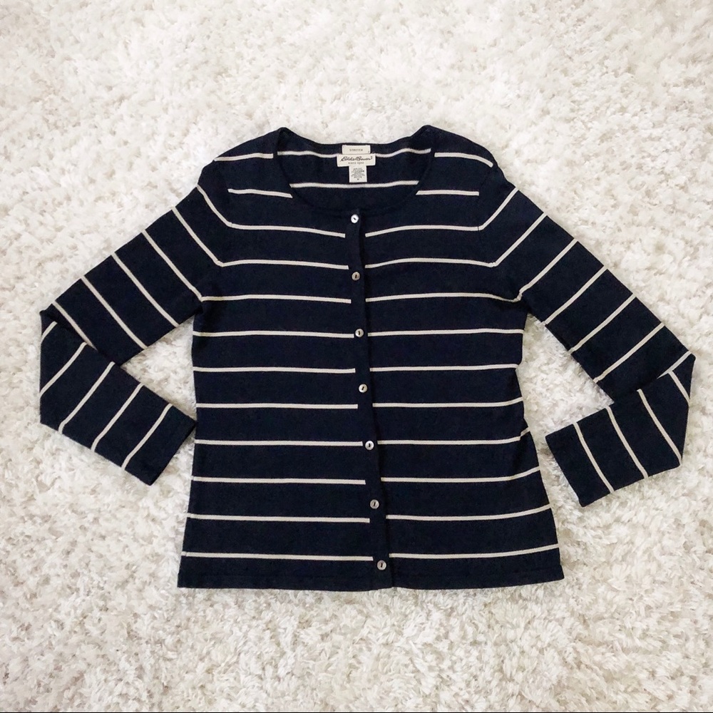 Eddie Bauer Striped Navy Blue Cardigan Sweater